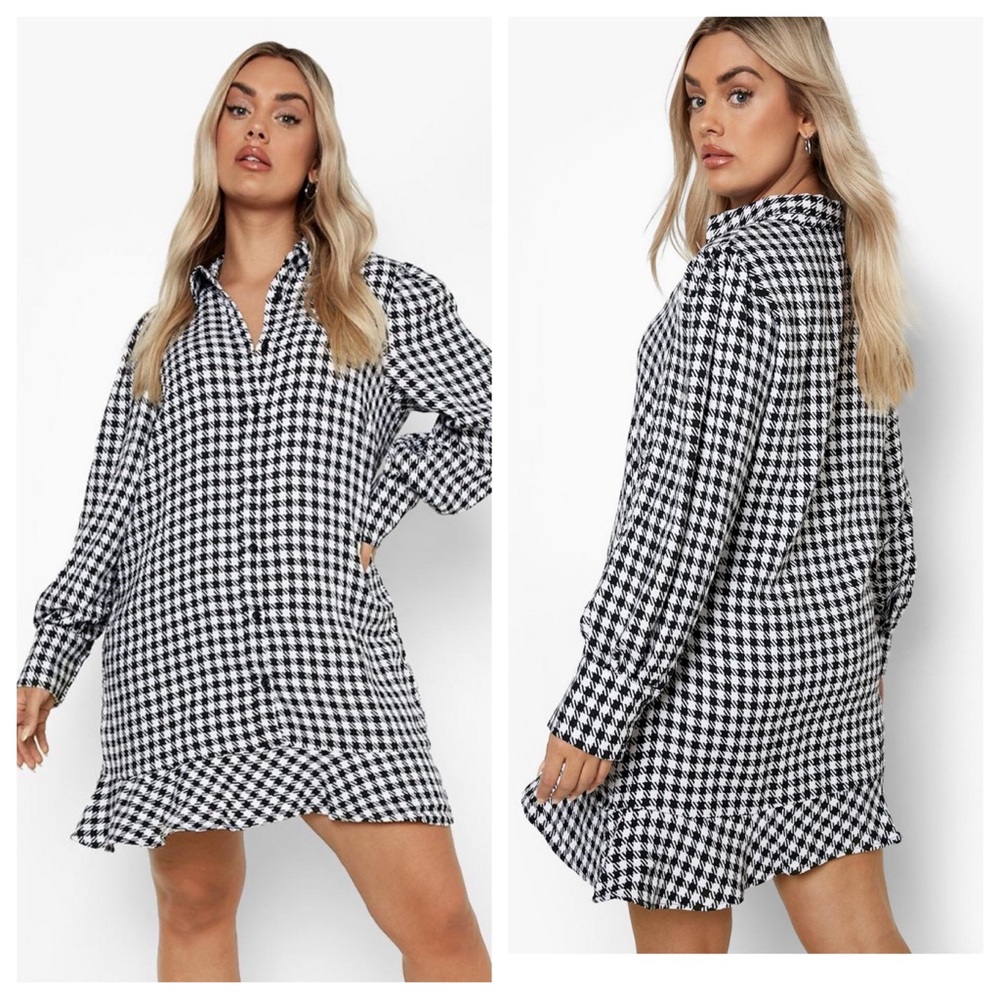 Boohoo Houndstooth Print Button Up Puff Long Sleeve Dress Women’s US Size 16